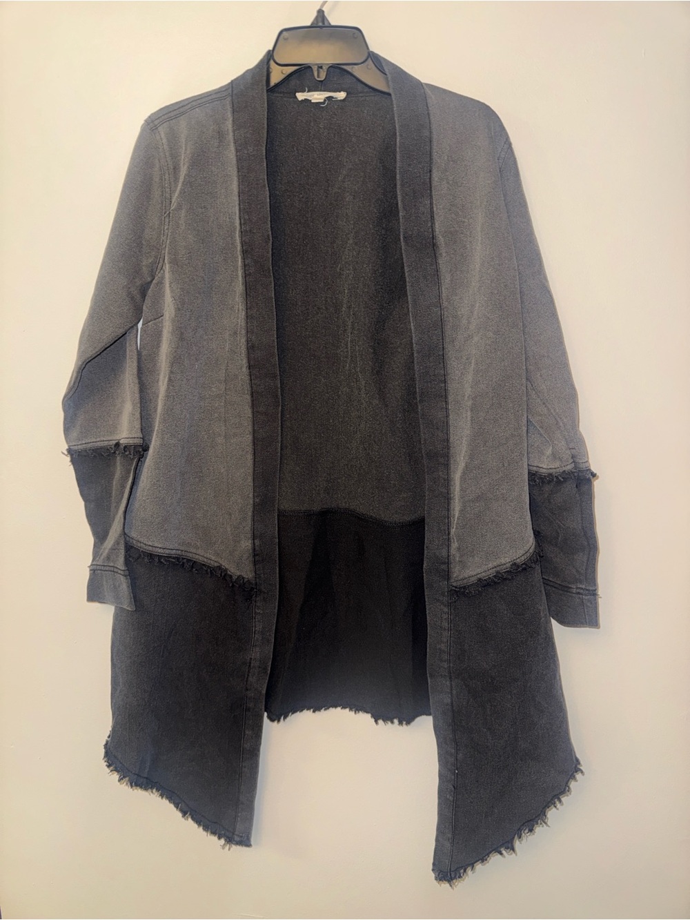 Two-Tone Distressed Long Jacket — Charcoal and Black XS